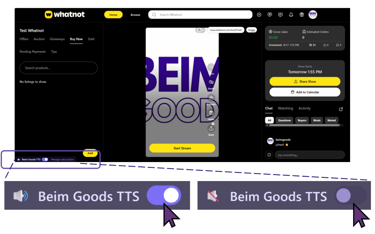 Toggle Switch for Beim Goods Livestream TTS